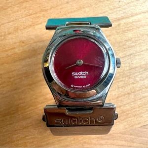 Rare Swatch ladies Watch "PASSION D'UNE NUIT" red silver tone bangle NEW BATTERY
